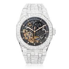The title refers to the watches manufactured by audemars Audemars Piguet Royal Oak Skeleton With Baguette Diamonds Shyne Jewelers