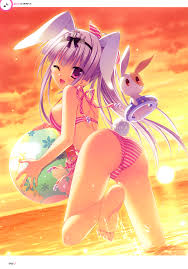 moribe (rabumanyo), tamaki sakura, hatsuyuki sakura, light purple hair,  absurdres, highres, scan, 1girl, :d, ;d, animal ears, ass, ball, bare  shoulders, barefoot, beachball, bikini, dutch angle, feet, female focus,  fingernails, innertube, letterboxed,