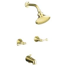 Brass bathtub polished smooth brass inside & matte white outside. Kohler Revival 2 Handle 1 Spray Tub And Shower Faucet In Vibrant Polished Brass Valve Included K 16213 4a Pb The Home Depot