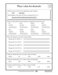 place value for decimals 4th grade math worksheet greatschools