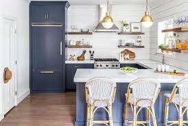 Our kitchen island was just about as boring as a kitchen island can get. Blue Shaker Cabinets With White Shiplap Wall Trim Transitional Kitchen