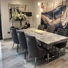 Majestic Premium Velvet Chairs Quilted Back Chrome Legs Lion Knocker Silver Studding Finish Luxury Dining Tables Dining Table Marble Luxury Dining