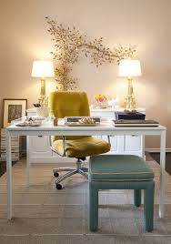 It is a modern, inspiring and diverse interior decor brand. Marshall Home Goods Furniture With Shabby Chic Style Home Office And Area Rug Dark Floor Desktop Gold Lamps Gold Leaves Mustard Neutral Colors Office Chair Upholstered Footstool Wall Art Wall Decor White Desk