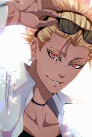 shidou ryuusei, blue lock, absurdres, highres, 1boy, adjusting eyewear,  blonde hair, collarbone, collared shirt, dark-skinned male, dark skin,  eyewear on head, glasses, hair slicked back, hairband, hand up, looking at  viewer, male