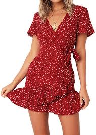 Relipop Summer Women Short Sleeve Print Dress V Neck Casual Short Dresses Small Red At Amazon Women S Clothi Short Dresses Casual Casual Dress Short Dresses