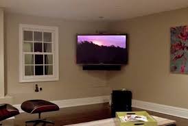 Global Custom Installation Included A Soundbar With This Corner Mounted Tv Home Theater Installation Small Home Theaters Home Theater Seating