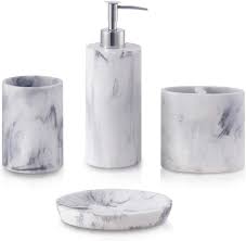 These beautiful, white marble bathroom accessories are hand crafted by expert artisans in agra, the city that is home to the iconic taj mahal. Amazon Com Zccz Bathroom Accessory Set 4 Pcs Marble Look Bathroom Vanity Countertop Accessory Set Bathroom Decor Accessories With Soap Dispenser Toothbrush Holder Bathroom Tumbler Soap Dish Home Kitchen