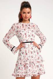 Lulus Floral To See White Floral Print Long Sleeve Mini Dress Size Small Cute Floral Dresses Floral Print Dress Long Mini Dress
