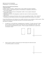 Page history last edited by ronald lohse 10 years, 11 months ago. Precalculus Optimization Problems Worksheet With Solutions