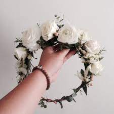 The Sarah Crown White Ranunculus Astilbe And Eucalyptus Www Thecrowncollective Co Flower Crown Wedding Veil Flower Crown Wedding Flower Crown Veil