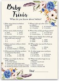 Read on for some hilarious trivia questions that will make your brain and your funny bone work overtime. Amazon Com Boho Baby Shower Game Bohemian Baby Trivia Baby Shower Game Pack Of 25 Fun Baby Facts Game Boy Baby Shower Game Bohemian Blue Floral Baby Shower Activity Trivia