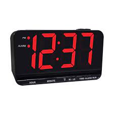 This compact, $15 digital clock takes two aa batteries and is fully portable, but you can't see the time in a darkened room without turning on a backlight that will hurt your eyes because you're in a darkened room. Jumbo Display Digital Alarm Clock With 3 Inch Led