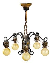 Completely Refinished Five Arm Bare Bulb Polychrome 1920 S Chicago Bungalow Ceiling Fixture With Original Canopy And Decorative Light Bulbs