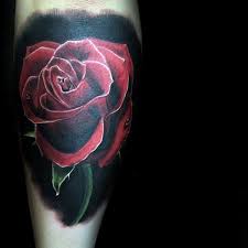 Black And Red Rose Tattoo Sleeve With Water Droplets Mens Leg Calf Tattoo With Black Ink Background Realistic Rose Tattoo