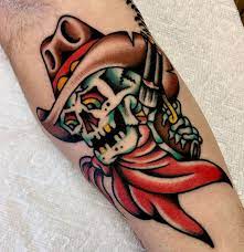 Large creative looking whole back tattoo of human skeleton. 20 Cowboy Skull Tattoo Ideas
