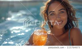 A sexy girl in a blue swimsuit drinks a bright...