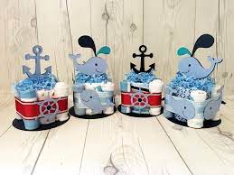 Nautical And Whale Themed Baby Shower Centerpieces By Chic Baby Cakes Sailor Baby Showers Nautical Baby Shower Boy Baby Shower Centerpieces