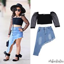 Hian Fashion Kids Girl Clothes Sets Dots Mesh Puff Sleeve Crop Tops Irregular Hem Denim Skirt Infant Children Girl Outfits 1 7years Shopee Philippines