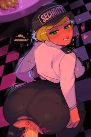 onae, vanessa (fnaf), five nights at freddy's, five nights at  freddy's: security breach, highres, 1boy, 1girl, anus, ass, biting,  blonde hair, blush, checkered floor, clothed sex, curvy, happy sex, heart,  indoors, lip