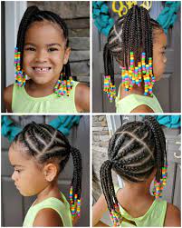 Mixed Biracial Girl Braids Beads Protective Style Cornrows Pony Tails Little Girl Braid Styles Natural Hairstyles For Kids Kids Hairstyles