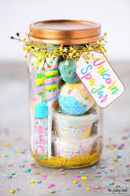75 Magically Inspiring Unicorn Crafts Diys Foods And Gift Ideas Diy Unicorn Spa Jar From The Gunny Sac Mason Jar Christmas Gifts Spa Party Favors Jar Gifts