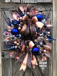 Midnight Blue Christmas Wreath Blush Pink Christmas Etsy Christmas Wreaths Blue Christmas Decor Christmas Decorations