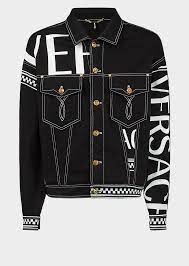 Versace Contrast Stitch Logo Printed Denim Jacket In Black Modesens Printed Denim Jacket Printed Denim Versace Jacket