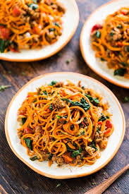 Sweet Potato Noodles With Chorizo Roasted Red Pepper And Spinach Recipe Sweet Potato Noodles Spiralizer Recipes Spiralized Sweet Potato
