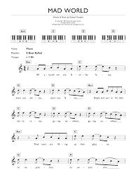 Mad World From Donnie Darko Sheet Music Gary Jules Piano Chords Lyrics
