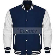 Varsity Letterman Bomber Baseball Jacket Navy Blue Body White Leather Sleeves Ebay