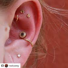 i have finally found the perfect piercing setup for my left ear conch tragus rook gold deephelix doubleconch ear piercings ear jewelry cartilage jewelry