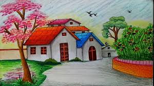 Plot the position of the fixed features like entrance, pool, and lawn. How To Draw Landscape Scenery Of Spring Season With Oil Pastels Step By Step Easy Draw Youtube