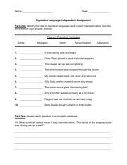 Figurative language is the use of words in an unusual or imaginative manner. Figurative Language Independent Assignment Pdf Name Date Figurative Language Independent Assignment Part One Identify The Type Of Ufb01gurative Language Course Hero