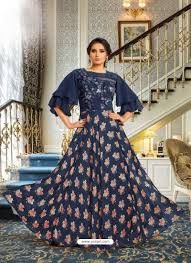 Navy Blue Satin Silk Embroidered Designer Gown Party Wear Gowns Online Gowns Indian Ladies Dress