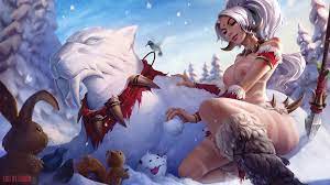 big breasts bird blonde hair breasts closed eyes female league of  legends liquidshadow nidalee nipples outdoors outside poro (league of  legends) public nudity rabbit riot games saber-toothed cat snow
