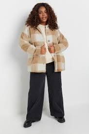 Yours Women's Plus Size Check Teddy Borg Fleece Jacket in Natural Brown, Size 12