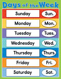 Days of the week chart. Days Of The Week Chart Edusell Malta