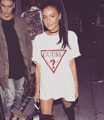 Guess White Tshirt Dress Pony Tail Dress Clothes For Women Guess Clothing Tshirt Women Outfit Blue jeans rolled up a little with brown boat shoes, a yellow dress shirt, black bow tie. guess white tshirt dress pony tail