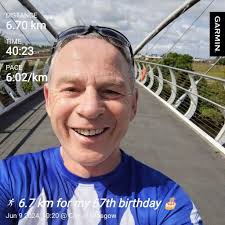 6.7 kilometres run in sunny Glasgow today to mark my 67th birthday 🎈