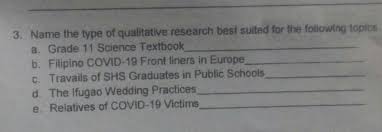 Responding to the need for contextualized inquiry, researching philippine realities is a practical manual that accompanies students and scholars in the process of writing qualitative, quantitative. Name The Type Of Qualitative Research Best Suited For The Following Topics A Grade 11 Science Brainly Ph