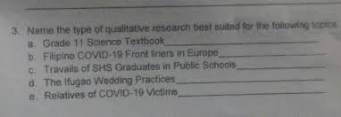 Also examined was filipino/filipino american identity and how these perceptions of identity were this research paper is an empirical, qualitative study delving into colonial mentality, a theory which. Name The Type Of Qualitative Research Best Suited For The Following Topics A Grade 11 Science Brainly Ph