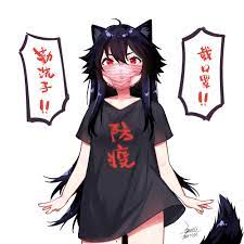 ejami, ekko (ejami), original, commentary request, translation request,  1girl, animal ears, black hair, chinese text, clothes writing, coronavirus  pandemic, fox ears, fox girl, fox tail, long hair, mole, mole on thigh,  naked