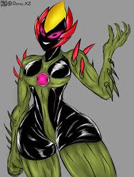Rule 34 - 1girls Alien Alien Girl Ben 10 Black Skin Chaquetrix Eyelashes  Female Green Skin Grey Background Grin Large Breasts Looking At Viewer  Medium Breasts Ozma Xz Pink Eyes Plant Girl