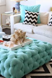 Turquoise Ottoman In A Shell Inspired Living Area Interior Spaces Home Beach House Decor Home Decor