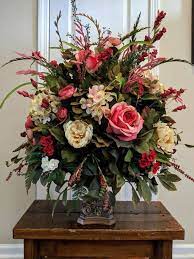 Large Elegant Floral Arrangement Dining Room Foyer Entry Wedding Table Centerpiece Pedestal Container Pink Red Real Touch Flowers Easter Flower Arrangements Large Flower Arrangements Church Flower Arrangements
