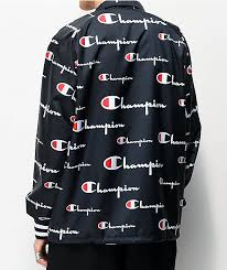Men's new champion tech fleece; Champion All Over Script Black Coaches Jacket Zumiez