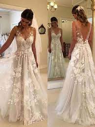 Handmade Custom Dresses V Neck Lace Sleeveless Hook Design Beautiful Back Pure White A Line Wedding Dress Outdoor Wedding Dress Wedding Dresses