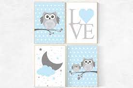 Baby Boy Nursery Decor Owl Nursery Decor Blue Gray Nursery Boys Room Wall Art Baby Room Prints Nursery Decor Cloud Nursery Owl Print