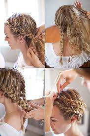 Separate your hair into 2 parts and fix them with hair elastic at the nape level. Easy Crown Braid Just Make 2 French Braids And Cross The Braids Over Once You Are Done Hair Styles Long Hair Styles Hair