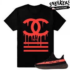 Black And Red Designer T Shirt Yeezy Boost 350 V2 Black Red Match Designer Drip Black T Shirt